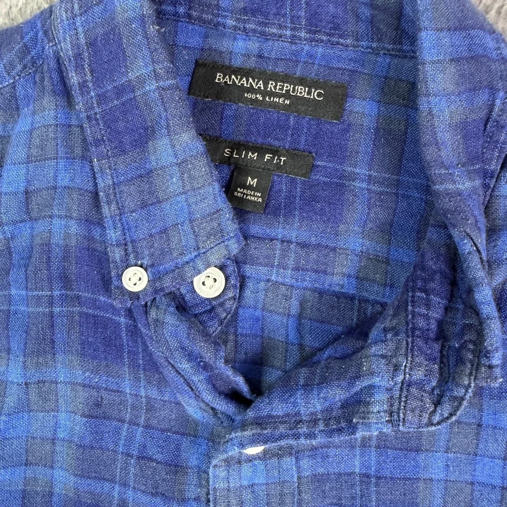 Banana Republic Shirt Mens M Blue Plaid Long Sleeve 100% Linen Button Up Summer